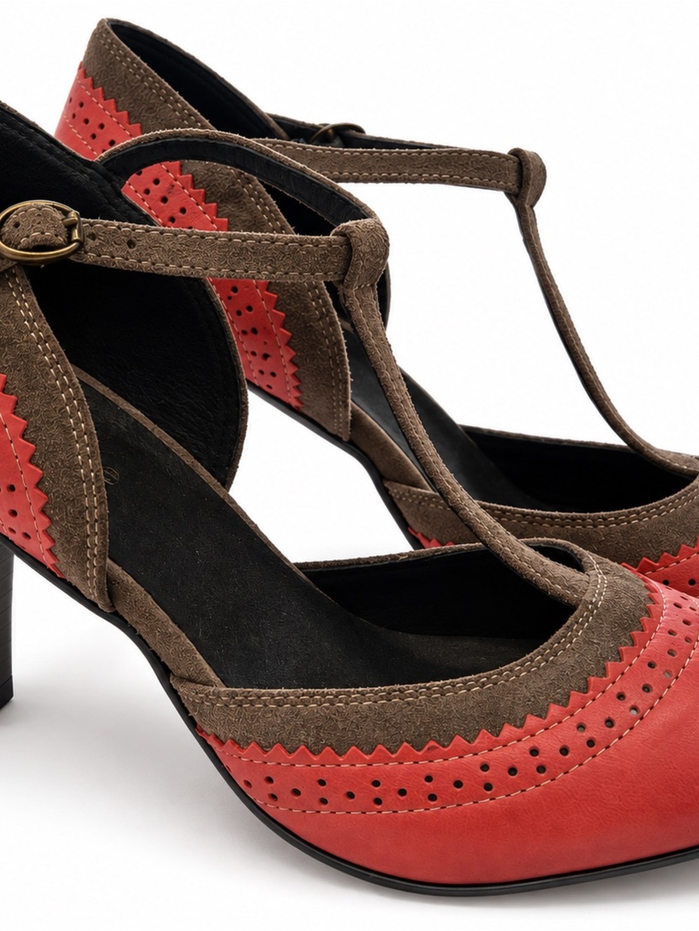 NWOT! Sundance Two-Tone T-Strap Heels in Coral Red and Brown NEW Mary Jane’s